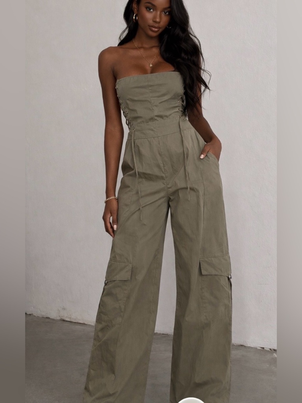 PrettyLittleThing Olive Strapless Jumpsuit